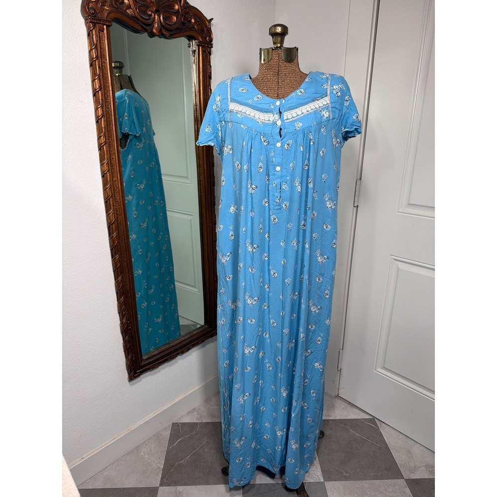 Vintage Blue Floral Lace Trim Maxi Nightgown Short Sleeve Lounger Dress